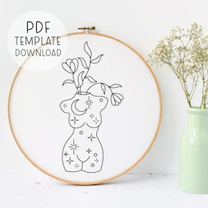 Floral Female Body Embroidery Pattern, Beginner Embroidery, Simple Hand Embroidery, Celestial Embroidery, Moon And Stars Embroidery Design