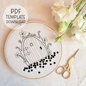 Fairy Door Embroidery Pattern Template - INSTANT PDF DOWNLOAD - Whimsical cute embroideries wall art.