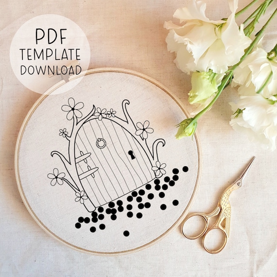 Fairy Door Embroidery Pattern Template - INSTANT PDF DOWNLOAD - Whimsical cute embroideries wall art.