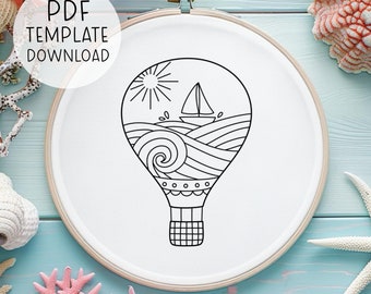 Ocean Hot Air Balloon Embroidery Pattern Download, Fun Summer Hand Embroidery Pattern, Sea Embroidery Design, Boat Hand Embroidery Template