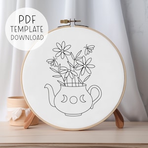 Teapot Hand Embroidery Pattern, Downloadable Embroidery Pattern Floral, DIY Embroidery Hoop Pattern, Tea Lover Embroidery Pattern Kitchen