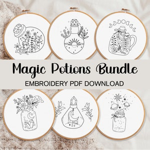 6 Magic Potions BUNDLE Embroidery Pattern Download, Bulk Discount Embroidery Patterns, Celestial Embroidery Apothecary Witchcraft Embroidery