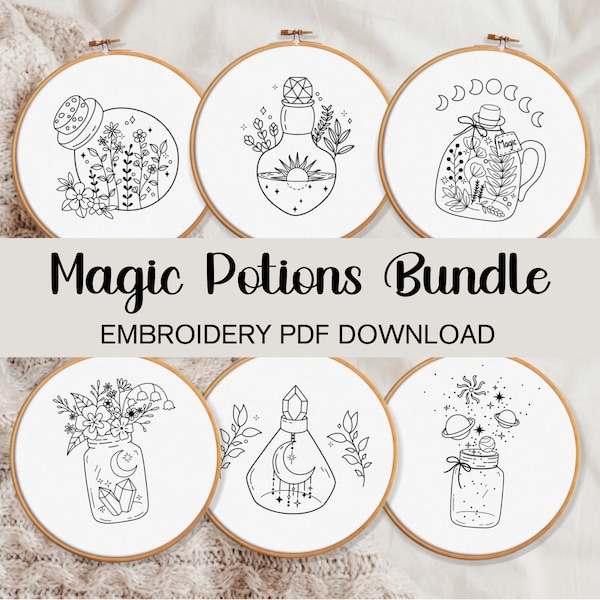 6 Magic Potions BUNDLE Embroidery Pattern Download, Bulk Discount Embroidery Patterns, Celestial Embroidery Apothecary Witchcraft Embroidery