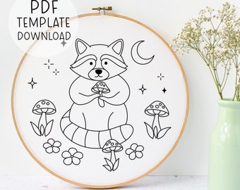 Raccoon Embroidery Pattern, Cute Raccoon Embroidery Design, Kids Embroidery Pattern, Trash Panda Embroidery Pattern PDF, Mushroom Embroidery