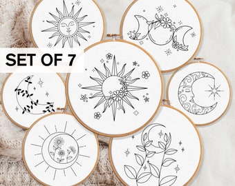 Sun And Moon Embroidery Patterns, Embroidery BUNDLE Deal, Bulk Discount Embroidery Patterns, Celestial Embroidery Designs Moon And Sun Art