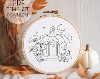 Pumpkin House Embroidery Pattern Template, Pretty Halloween Embroidery Download, Fun Halloween Hand Embroidery Mushroom Art, Fall Crafts