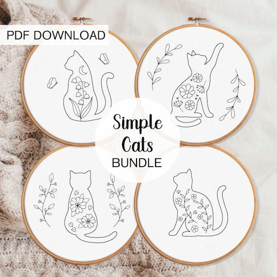 Simple Cats Embroidery BUNDLE Templates, Beginner Cat Embroidery Patterns, Cat Lover Gift, Easy Embroidery Patterns, Cat Lady Embroidery