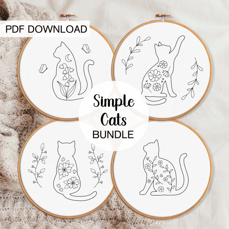 May include: Four embroidery hoop patterns featuring simple line drawings of cats with floral designs. The text "Simple Cats Bundle" is in the center of the image.