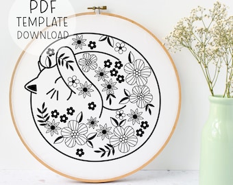 Floral Sleeping Cat DIY Embroidery Pattern Template PDF DOWNLOAD. Quirky modern animal embroideries wall art.