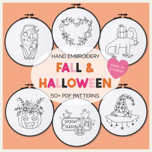 Fall And Halloween Embroidery Pattern Bundle, Spooky Hand Embroidery Patterns, Autumn Embroidery Patterns, Cute Halloween Fall Embroidery
