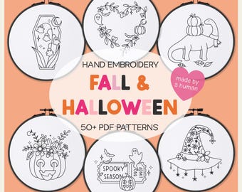 Fall And Halloween Embroidery Pattern Bundle, Spooky Hand Embroidery Patterns, Autumn Embroidery Patterns, Cute Halloween Fall Embroidery