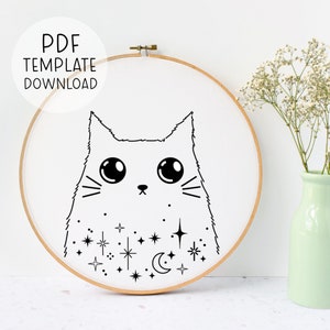 Starry cat embroidery pattern PDF DOWNLOAD, stitching, DIY modern embroideries wall art, quirky animals hand embroidery