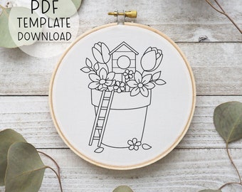 Plant Pot Embroidery Pattern Template, Bird House Embroidery Design, Gardening Gifts, Plant Embroidery Hoop Art, Garden Embroidery Pattern