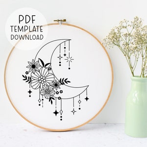Decorative Moon Embroidery Pattern Digital Download, Celestial Moon Embroidery Hoop Art, Embroidery Pattern Moon Design, Floral Moon Pattern
