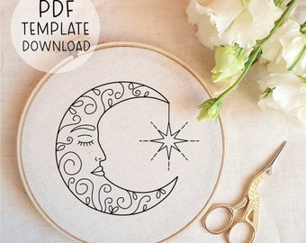 Moon Face Celestial Embroidery Pattern Design, PDF Instant Download, Hand Embroidery Moon, Moon Embroidery Pattern, Download Embroidery PDF