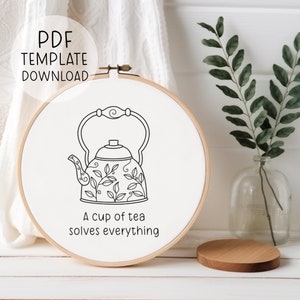 Tea Quote Embroidery Pattern Instant Download Tea Embroidery DIY Embroidery Hoop Pattern Kettle Embroidery Gift For Tea Lover Tea Gift