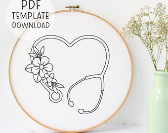Herz Stethoskop Stickmuster, EMT Embroidery Sanitäter Embroidery Krankenschwester Muster, Still Embroidery PDF, medizinische Embroidery Muster