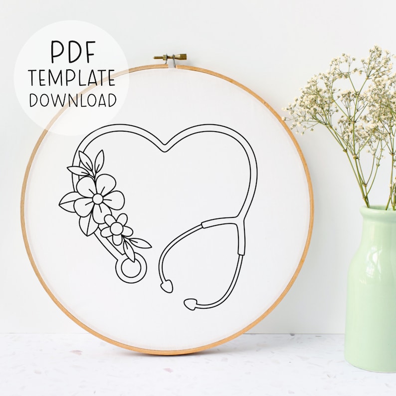 Heart Stethoscope Embroidery Pattern, EMT Embroidery Paramedic Embroidery Nurse Pattern, Nursing Embroidery PDF, Medical Embroidery Pattern image 1