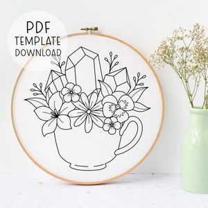 Crystal Coffee Embroidery Pattern Template, Crystal Tea Embroidery, Crystals Embroidery Pattern, Witchy Embroidery, Crystal Shelf Art Crafts