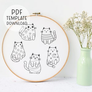 Fun Pattern Cute Cats Embroidery Pattern Template Stars Cat Design Embroidery Patterns DIY Embroidery Sweet Cat Embroidery Download