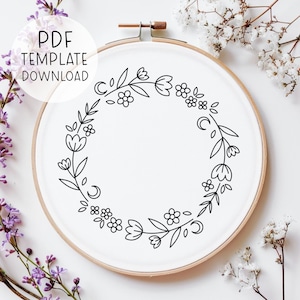 Floral Circle Embroidery Pattern, Floral Frame Embroidery Design, Leaf Embroidery Template, Simple Flowers Embroidery Design Easy Embroidery