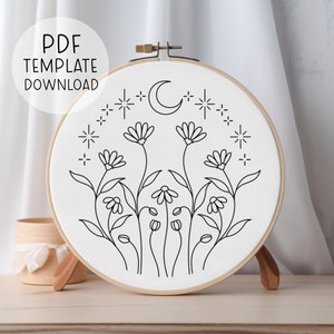 Bloemen en sterren borduurpatroon Download PDF, Witchy bloemen borduurwerk bloemmotief Bloemen handborduurontwerpen hemels patroon