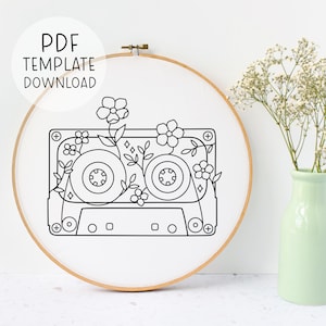 Floral Cassette Embroidery Pattern, Music Embroidery, Unique Floral Embroidery Design, Music Lover Gift Embroidery, Music Tape Embroidery