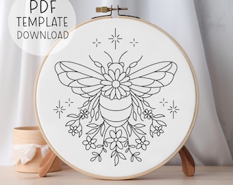 Floral Bee Embroidery Pattern, Stitching Art Pattern, Honeycomb Embroidery Download, Spring Needlepainting, Summer Bee Art, Bee Lover Gift