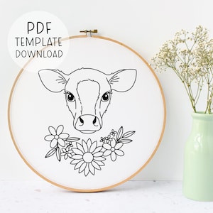 Cow Hand Embroidery Pattern, Cute Cow Needlepoint Pattern, Vegan Embroidery Pattern, Vegan Gift Embroidery Design, Farm Animals Embroidery