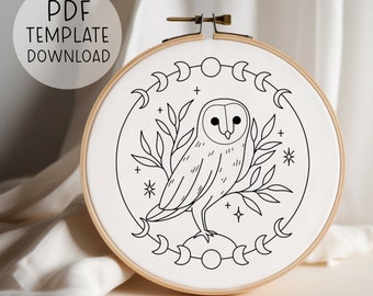 Celestial Owl Embroidery Pattern, Dreamy Cottagecore Owl Needlepoint Pattern, Moon Phases Embroidery Download Forest Animals Embroidery