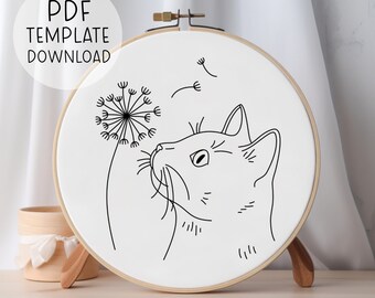 Cat And Dandelion Embroidery Pattern Design, Beginner Embroidery Download DIY Nature Embroidery, Beginners Crafts Easy Embroidery Pattern