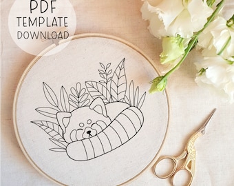 Molde para Bordado de Panda Vermelho, Padrão de Bordado em Ponto Cruz de Panda Vermelho, Bordado Fofo para Download, Bordado de Animais da Floresta em PDF