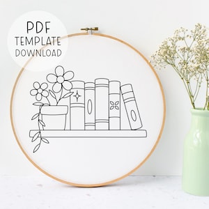 Book Shelf Embroidery Pattern Download, Book Shelves Art, Book Lover Embroidery Pattern Reading Embroidery Design, Books Embroidery Pattern