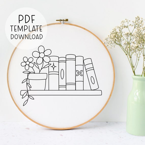 Book Shelf Embroidery Pattern Download, Book Shelves Art, Book Lover Embroidery Pattern Reading Embroidery Design, Books Embroidery Pattern