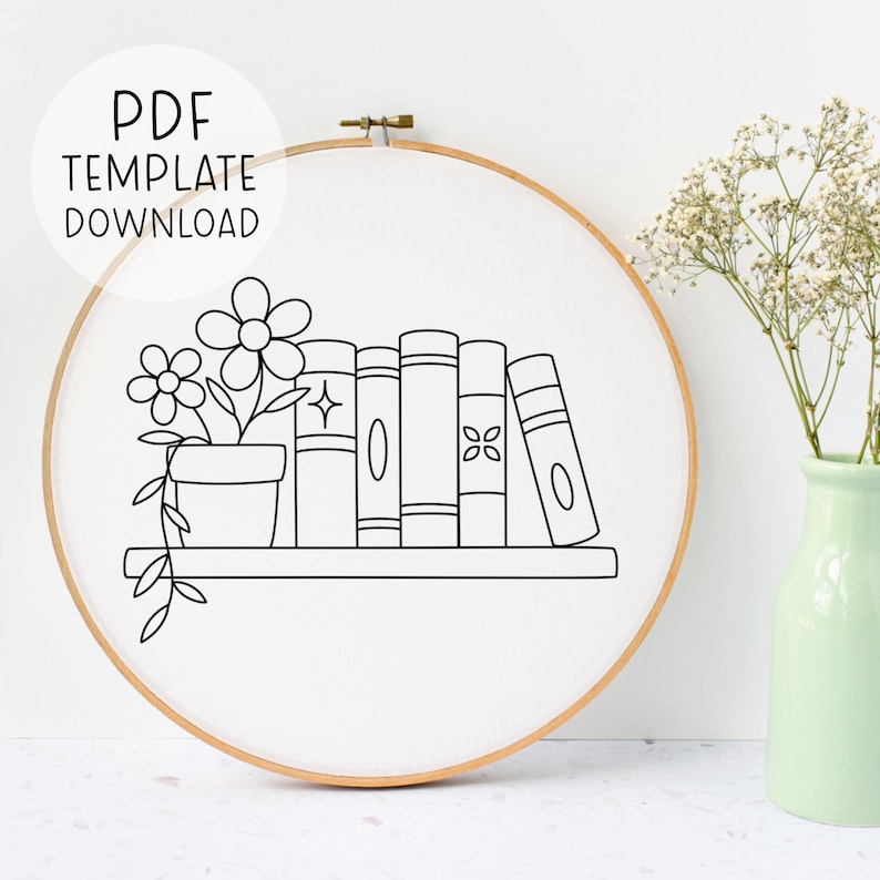 Book Shelf Embroidery Pattern Download, Book Shelves Art, Book Lover Embroidery Pattern Reading Embroidery Design, Books Embroidery Pattern image 1
