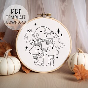 Haunted Mushrooms Embroidery Pattern Template - INSTANT PDF DOWNLOAD - Halloween cat ghosts embroideries wall art