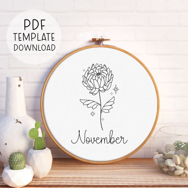 November Birth Flower Embroidery Pattern Template, Astrological Embroidery Pattern, November Embroidery Pattern, Chrysanthemum Embroidery