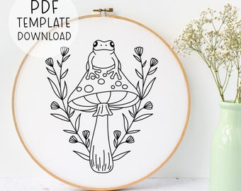 Cottagecore Frog Embroidery Pattern Download, Mushroomcore Frog Embroidery Design, Cute Frog Embroidery Design, Nature Embroidery Pattern