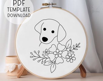 Floral Dog Embroidery Pattern Template, Cute Dog Hand Embroidery, Dog Lover Gift, Modern Dog Embroideries, Puppy Embroidery Hoop Art