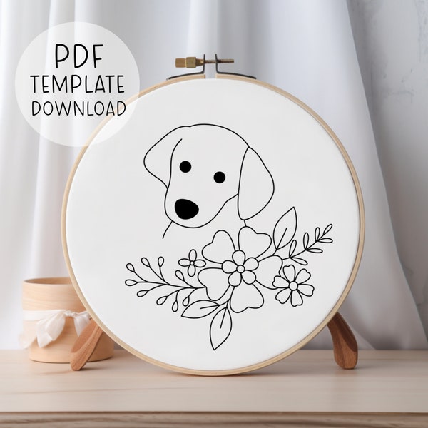 Floral Dog Embroidery Pattern Template, Cute Dog Hand Embroidery, Dog Lover Gift, Modern Dog Embroideries, Puppy Embroidery Hoop Art