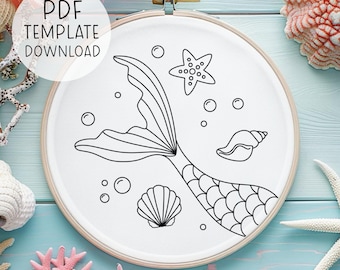 Patrón de bordado de sirena para descargar, patrón de punto de aguja de cola de sirena, diseño de bordado oceánico, decoración de dormitorio infantil de sirena, bordado marino