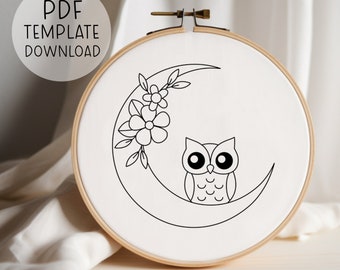 Moon Owl Embroidery Pattern Download, Simple Embroidery Pattern Owls Embroidery Gift DIY Embroidery Template Night Embroidery Patterns Cute