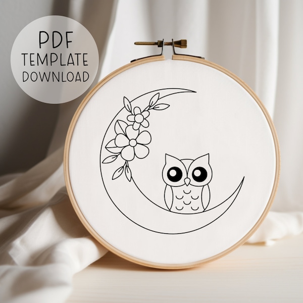 Moon Owl Embroidery Pattern Download, Simple Embroidery Pattern Owls Embroidery Gift DIY Embroidery Template Night Embroidery Patterns Cute