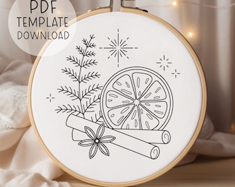 Orange And Cinnamon Embroidery Pattern, Christmas Decorations Embroidery Pattern, Embroidery Christmas Designs, Star Anise Embroidery