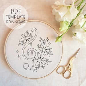 Treble Clef Hand Embroidery Pattern, Music Embroidery Design, Floral Music Embroidery, Music Lover Handmade Gift, Piano Embroidery PDF