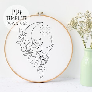 Crescent Moon Embroidery Pattern Download, Celestial Needlepoint Pattern, Beginner Hand Embroidery Floral Moon And Stars Embroidery Hoop Art