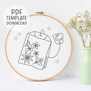Floral Tea Embroidery Pattern Download, Tea Lover Embroidery Pattern, Cute Tea Gift Beginner Embroidery Pattern Tea Towel Embroidery Pattern
