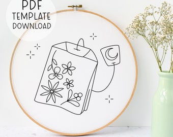 Blumen Tee Stickmuster Download, Tee Liebhaber Stickmuster, süße Tee Geschenk Anfänger Stickmuster Geschirrtuch Stickmuster