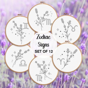 Patrón de bordado de signo del zodíaco PAQUETE Patrones de bordado a mano para principiantes Cumpleaños Bordado Signo de estrella Descargar diseños de bordado de astrología