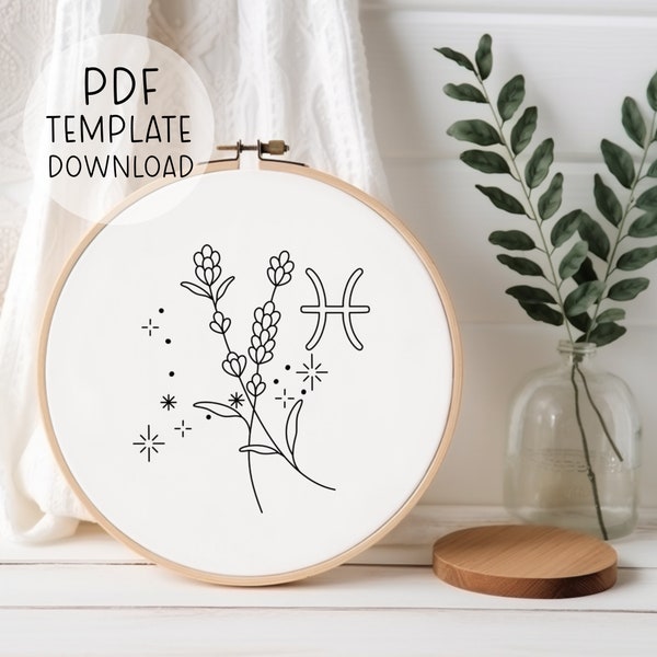 Pisces Embroidery Pattern, Astrology Art, Astrological Embroidery Design Pisces Handmade Gift Pisces Zodiac Sign Constellation Wall Decor